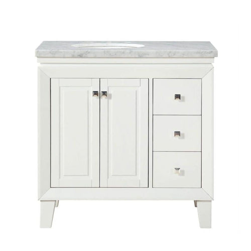 Silkroad Exclusive 36" Single Left Sink White Bathroom Vanity With Carrara White Marble Countertop and White Ceramic Undermount Sink - V0320WW36L
