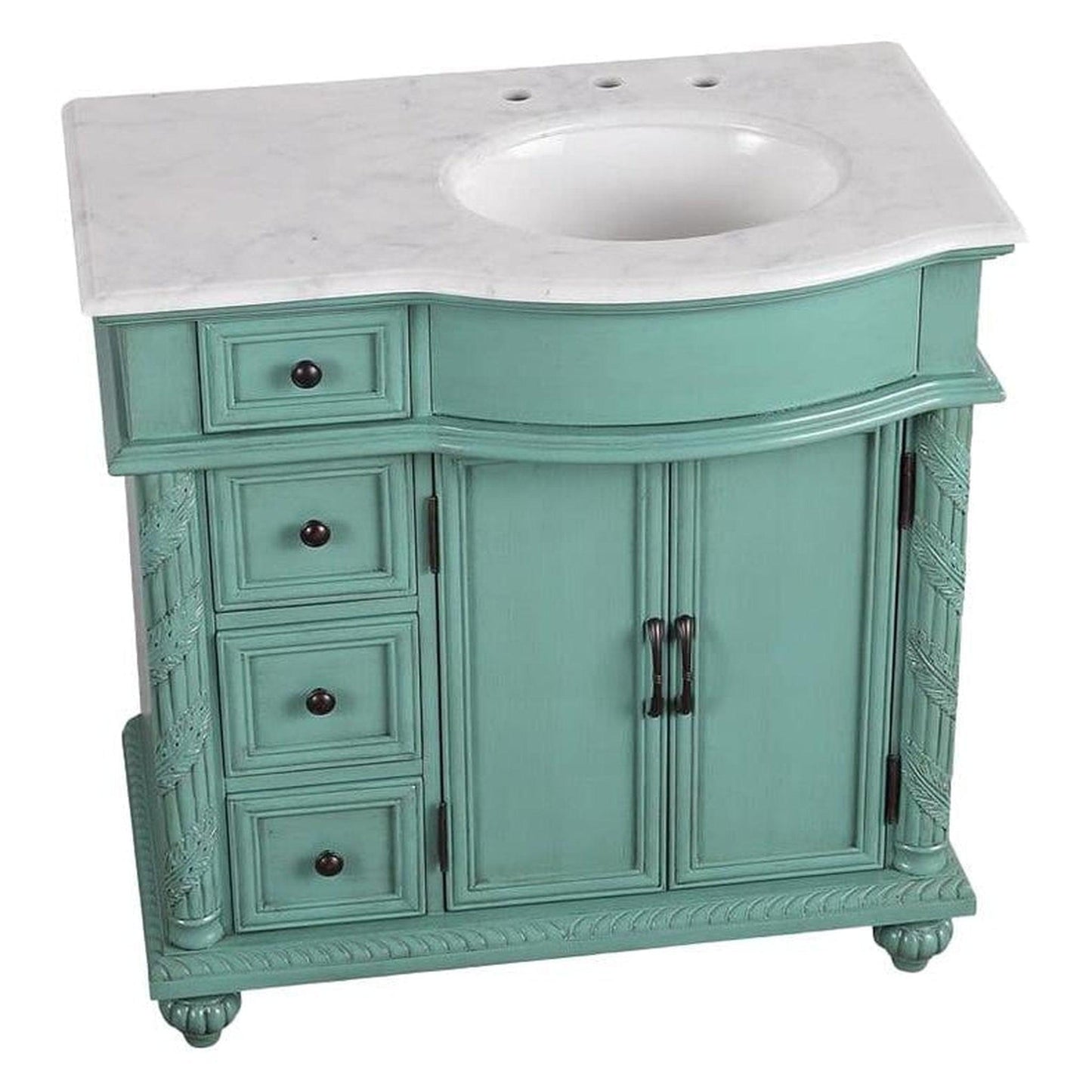Silkroad Exclusive 36" Single Right Sink Vintage Green Bathroom Vanity With Carrara White Marble Countertop and White Ceramic Undermount Sink - V0213NW36R