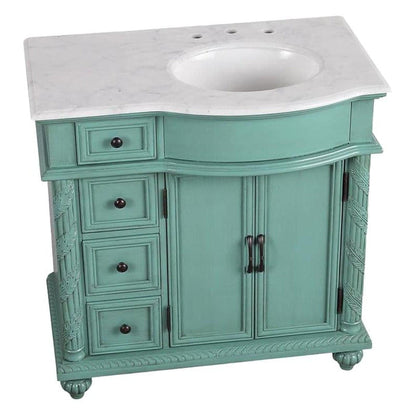Silkroad Exclusive 36" Single Right Sink Vintage Green Bathroom Vanity With Carrara White Marble Countertop and White Ceramic Undermount Sink - V0213NW36R