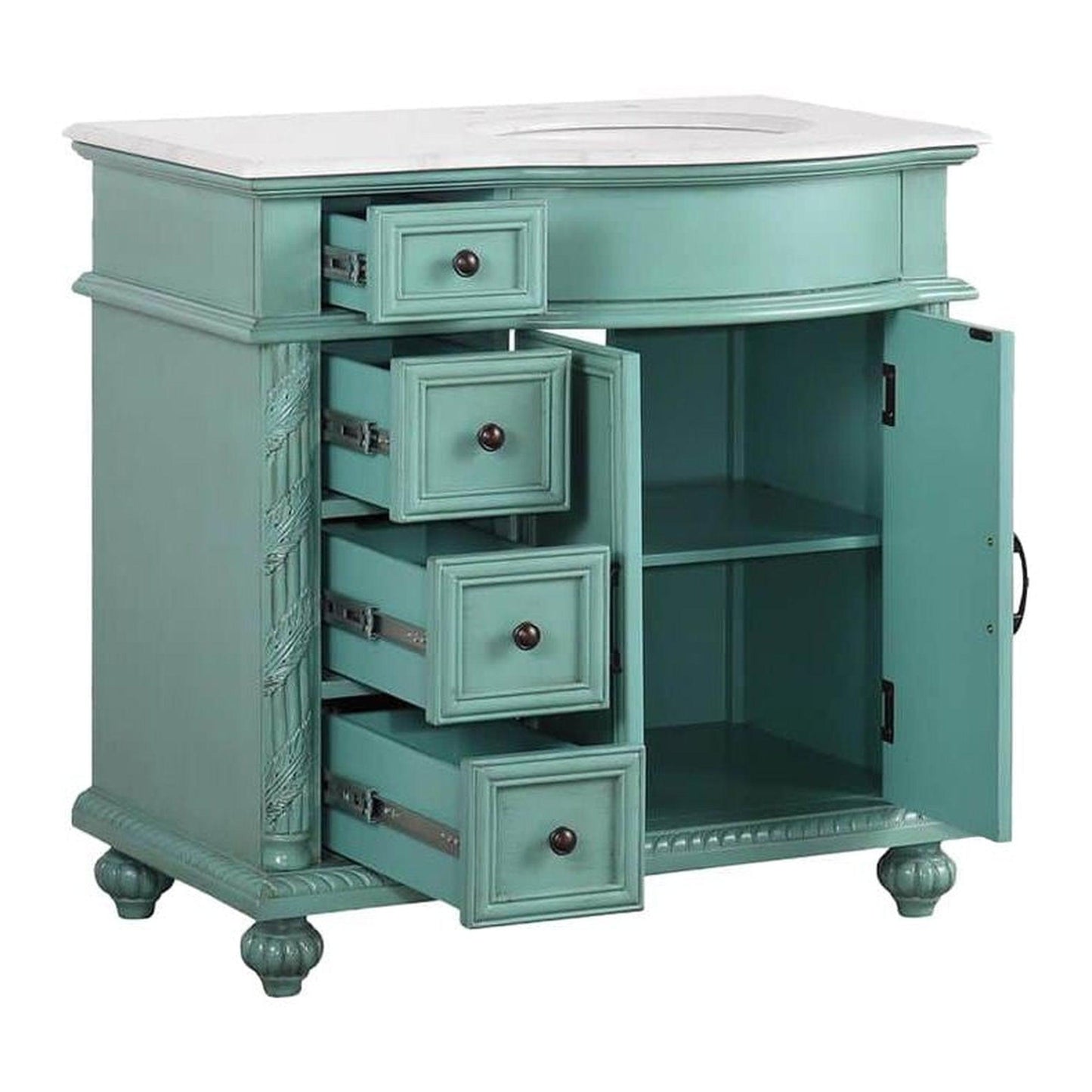 Silkroad Exclusive 36" Single Right Sink Vintage Green Bathroom Vanity With Carrara White Marble Countertop and White Ceramic Undermount Sink - V0213NW36R