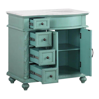 Silkroad Exclusive 36" Single Right Sink Vintage Green Bathroom Vanity With Carrara White Marble Countertop and White Ceramic Undermount Sink - V0213NW36R
