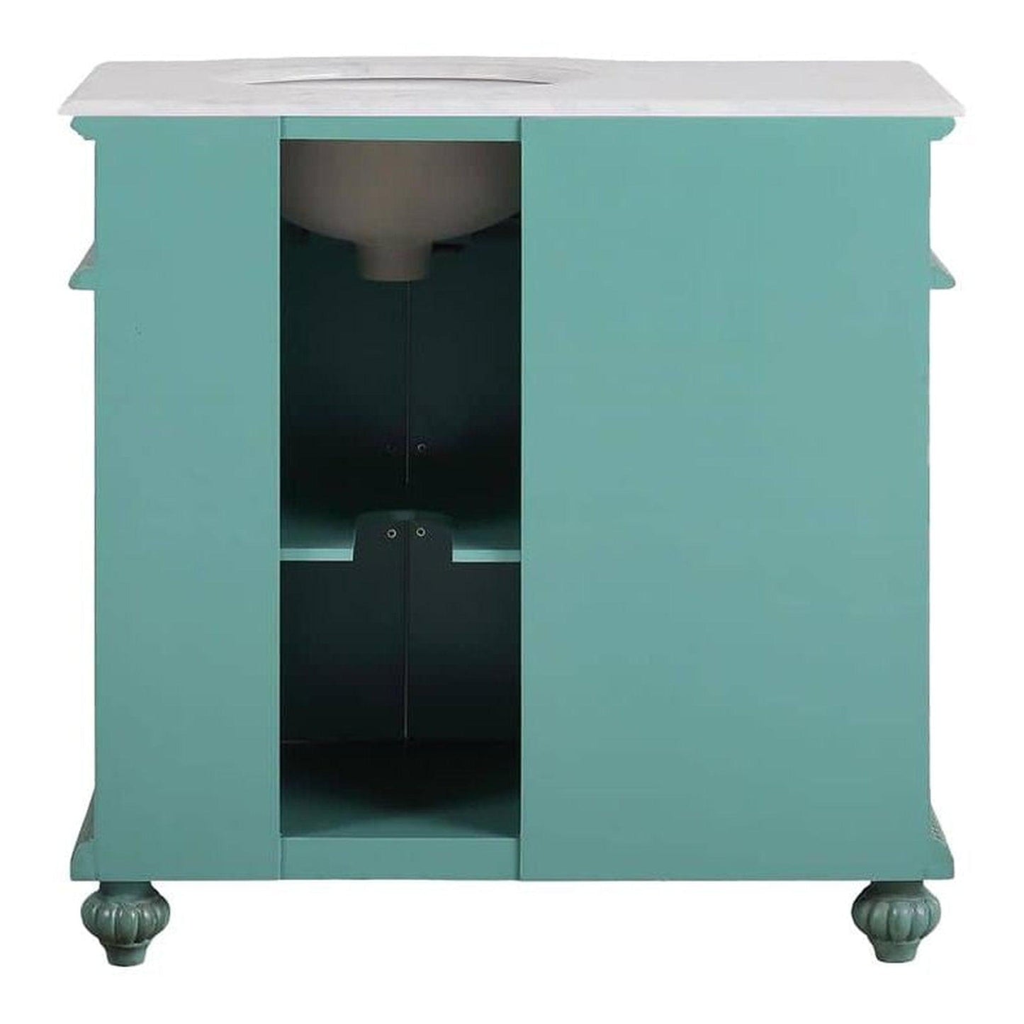 Silkroad Exclusive 36" Single Right Sink Vintage Green Bathroom Vanity With Carrara White Marble Countertop and White Ceramic Undermount Sink - V0213NW36R