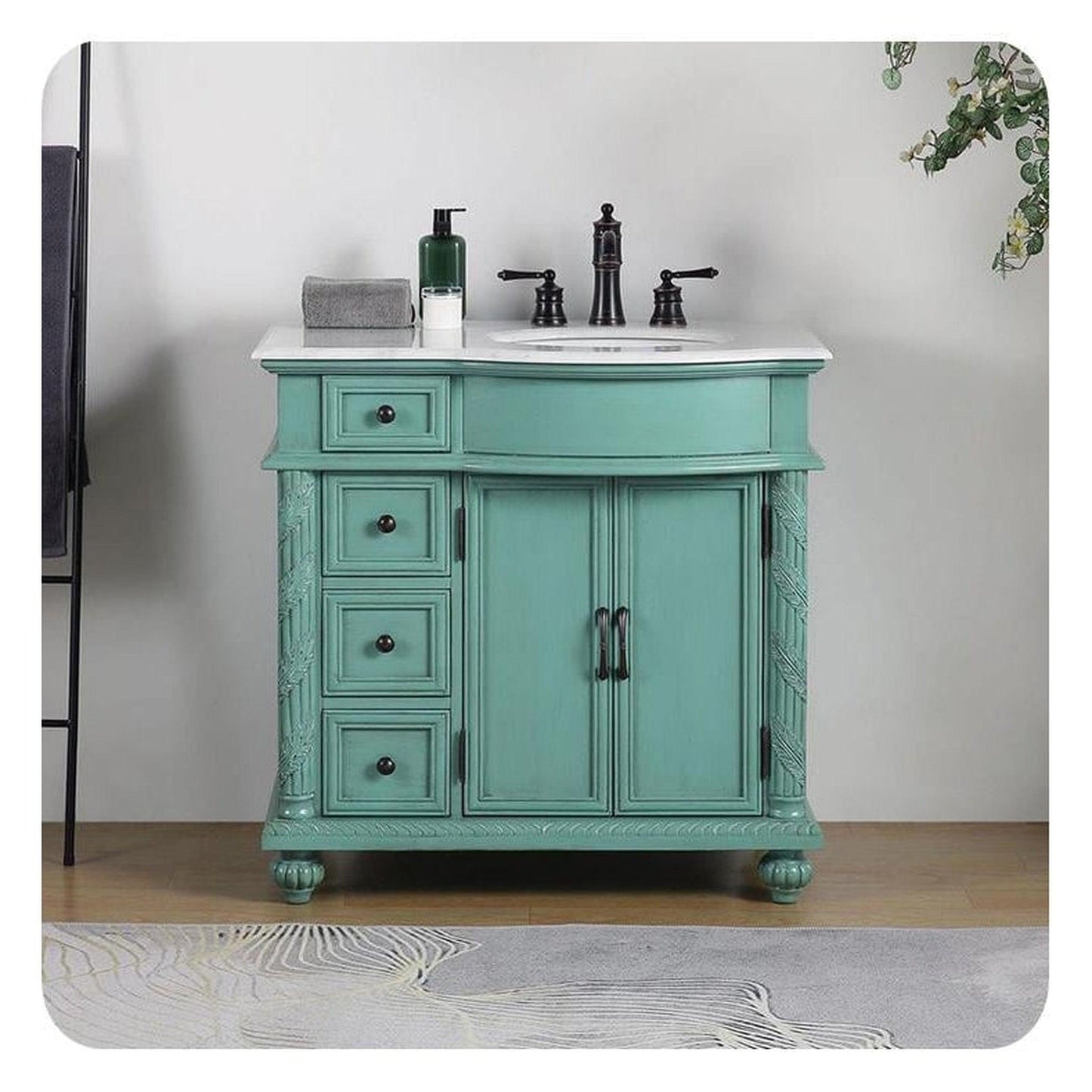 Silkroad Exclusive 36" Single Right Sink Vintage Green Bathroom Vanity With Carrara White Marble Countertop and White Ceramic Undermount Sink - V0213NW36R
