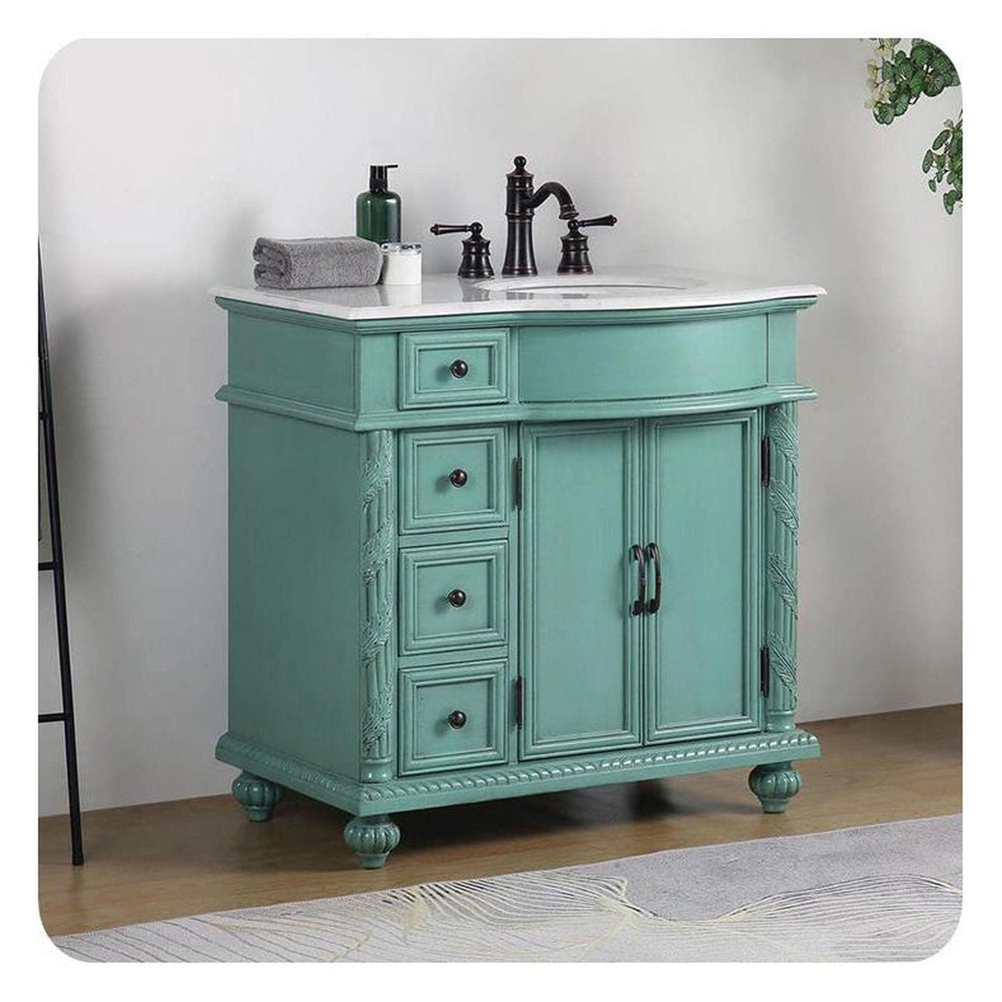 Silkroad Exclusive 36" Single Right Sink Vintage Green Bathroom Vanity With Carrara White Marble Countertop and White Ceramic Undermount Sink - V0213NW36R