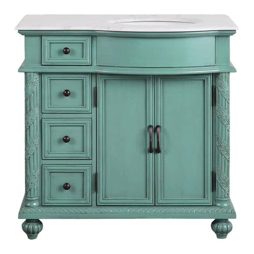 Silkroad Exclusive 36" Single Right Sink Vintage Green Bathroom Vanity With Carrara White Marble Countertop and White Ceramic Undermount Sink - V0213NW36R