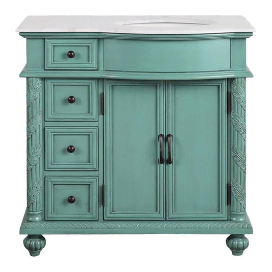 Silkroad Exclusive 36" Single Right Sink Vintage Green Bathroom Vanity With Carrara White Marble Countertop and White Ceramic Undermount Sink - V0213NW36R