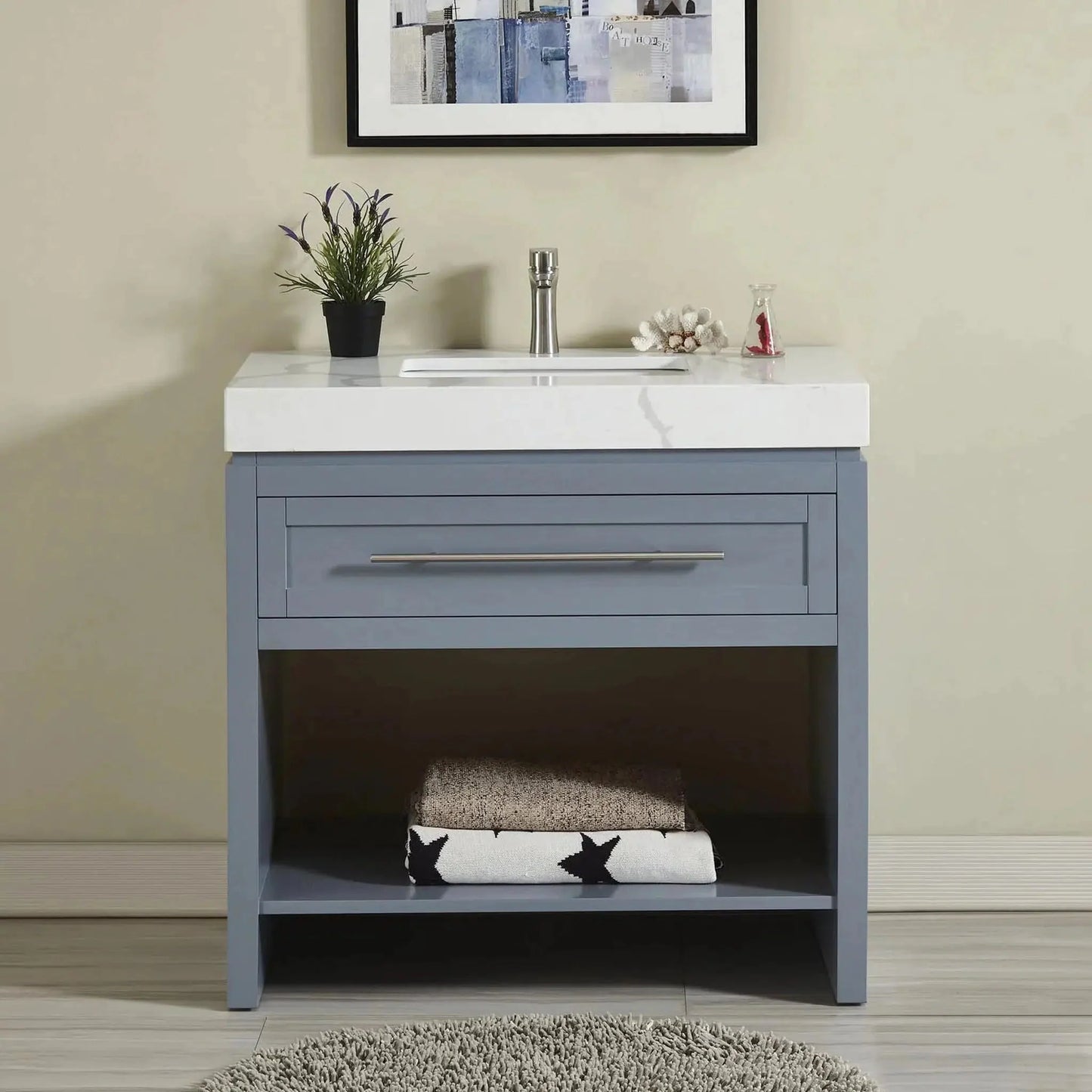 Silkroad Exclusive 36" Single Sink Bluish Gray Bathroom Vanity Base With Drawer and Shelf Storage - C01036GC
