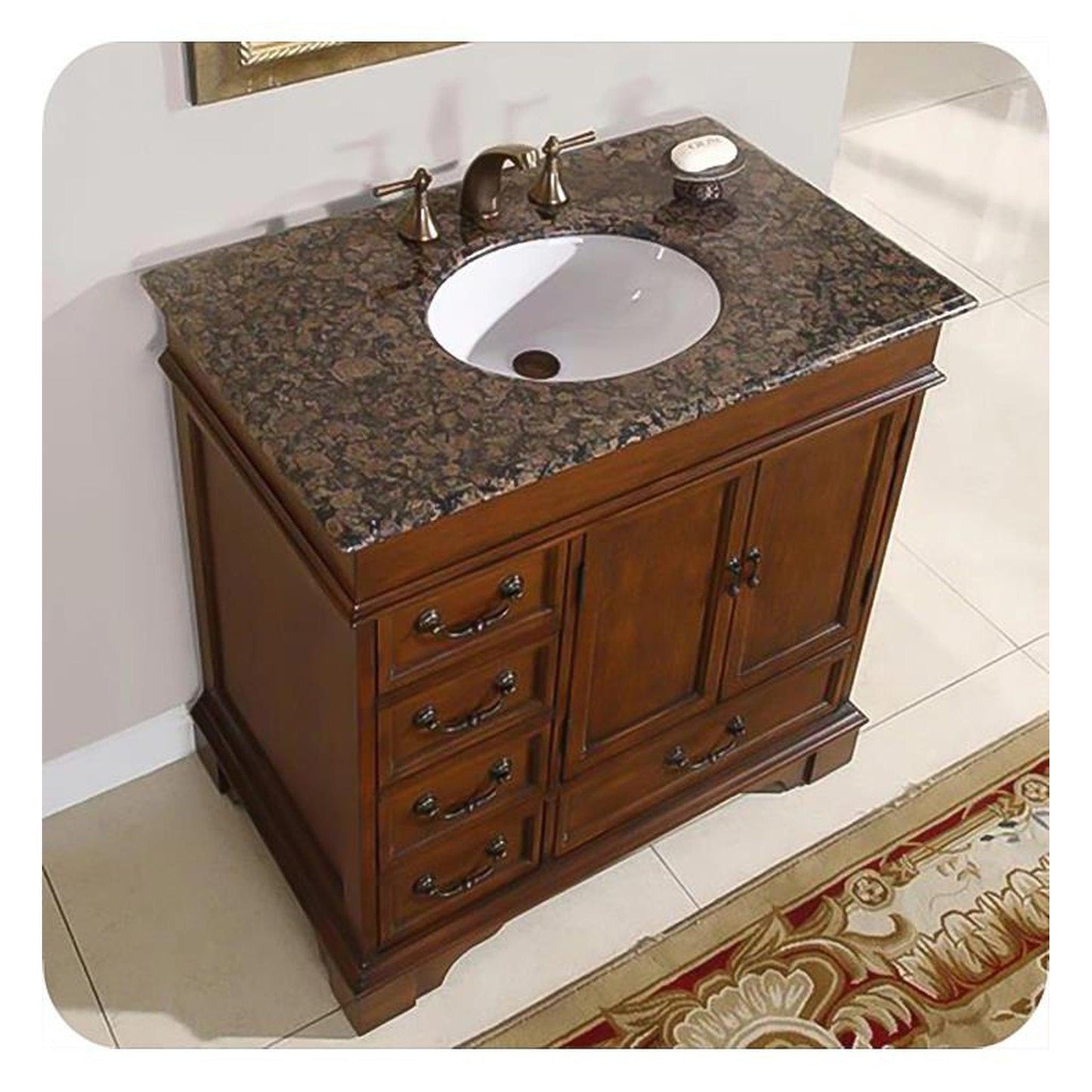 Silkroad Exclusive 36" Single Sink English Chestnut Bathroom Vanity With Baltic Brown Granite Countertop and White Ceramic Undermount Sink- HYP-0212-BB-UWC-36