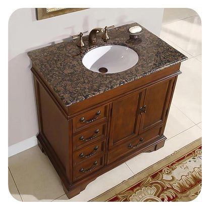 Silkroad Exclusive 36" Single Sink English Chestnut Bathroom Vanity With Baltic Brown Granite Countertop and White Ceramic Undermount Sink- HYP-0212-BB-UWC-36