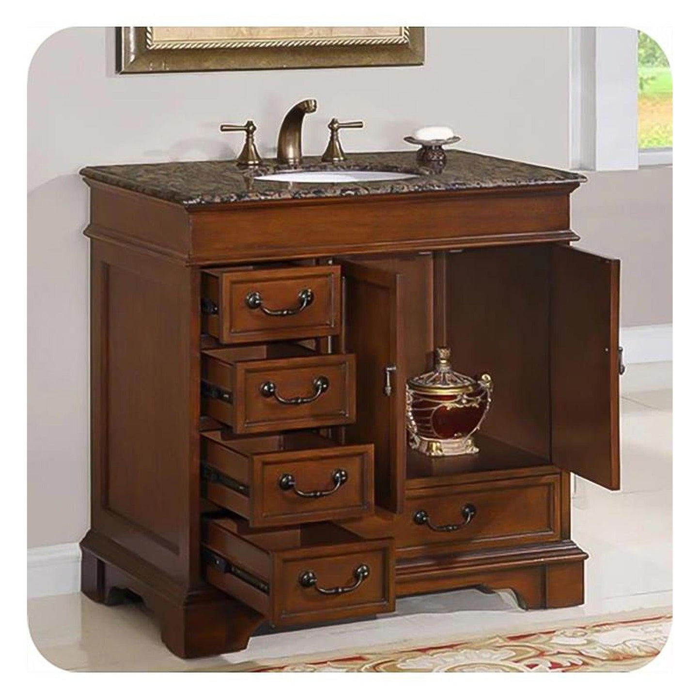 Silkroad Exclusive 36" Single Sink English Chestnut Bathroom Vanity With Baltic Brown Granite Countertop and White Ceramic Undermount Sink- HYP-0212-BB-UWC-36