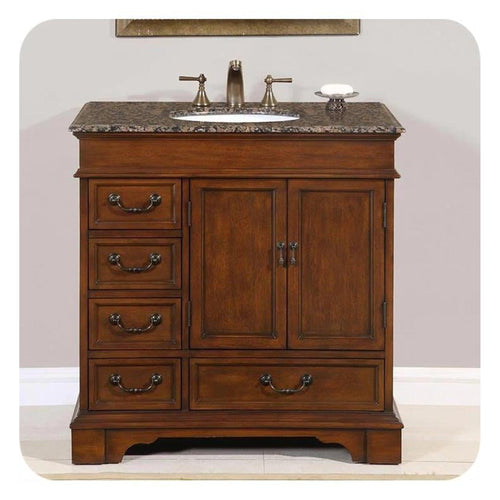 Silkroad Exclusive 36" Single Sink English Chestnut Bathroom Vanity With Baltic Brown Granite Countertop and White Ceramic Undermount Sink- HYP-0212-BB-UWC-36