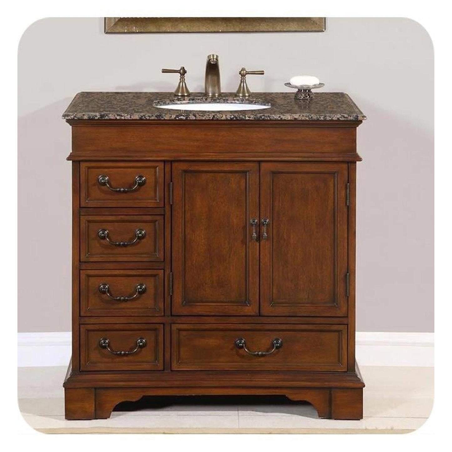 Silkroad Exclusive 36" Single Sink English Chestnut Bathroom Vanity With Baltic Brown Granite Countertop and White Ceramic Undermount Sink- HYP-0212-BB-UWC-36