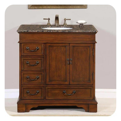 Silkroad Exclusive 36" Single Sink English Chestnut Bathroom Vanity With Baltic Brown Granite Countertop and White Ceramic Undermount Sink- HYP-0212-BB-UWC-36