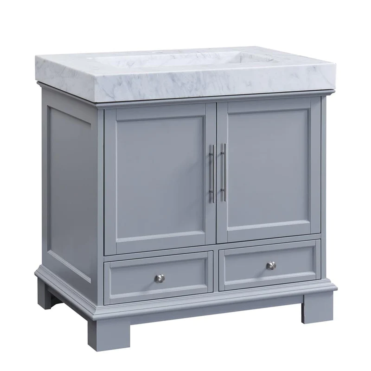 Silkroad Exclusive 36" Single Sink Gray Bathroom Vanity With White Carrara Marble Countertop and Marbled Integrated Ramp Sink - C05036GC_T0136WRC
