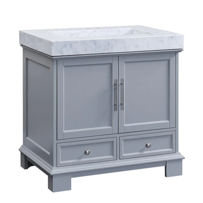 Silkroad Exclusive 36" Single Sink Gray Bathroom Vanity With White Carrara Marble Countertop and Marbled Integrated Ramp Sink - C05036GC_T0136WRC