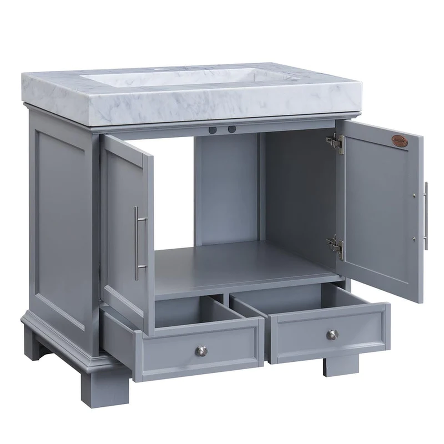 Silkroad Exclusive 36" Single Sink Gray Bathroom Vanity With White Carrara Marble Countertop and Marbled Integrated Ramp Sink - C05036GC_T0136WRC