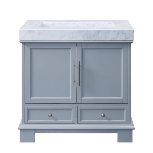 Silkroad Exclusive 36" Single Sink Gray Bathroom Vanity With White Carrara Marble Countertop and Marbled Integrated Ramp Sink - C05036GC_T0136WRC