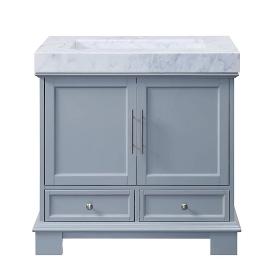 Silkroad Exclusive 36" Single Sink Gray Bathroom Vanity With White Carrara Marble Countertop and Marbled Integrated Ramp Sink - C05036GC_T0136WRC