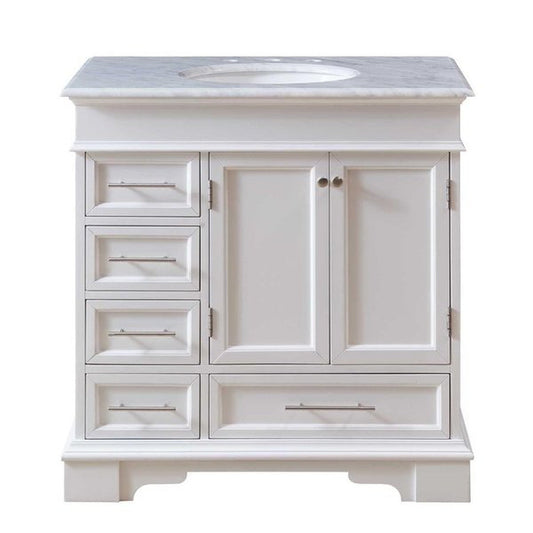 Silkroad Exclusive 36" Single Sink White Bathroom Vanity With Carrara White Marble Countertop and White Ceramic Undermount Sink - HYP-0212-WM-UWC-36