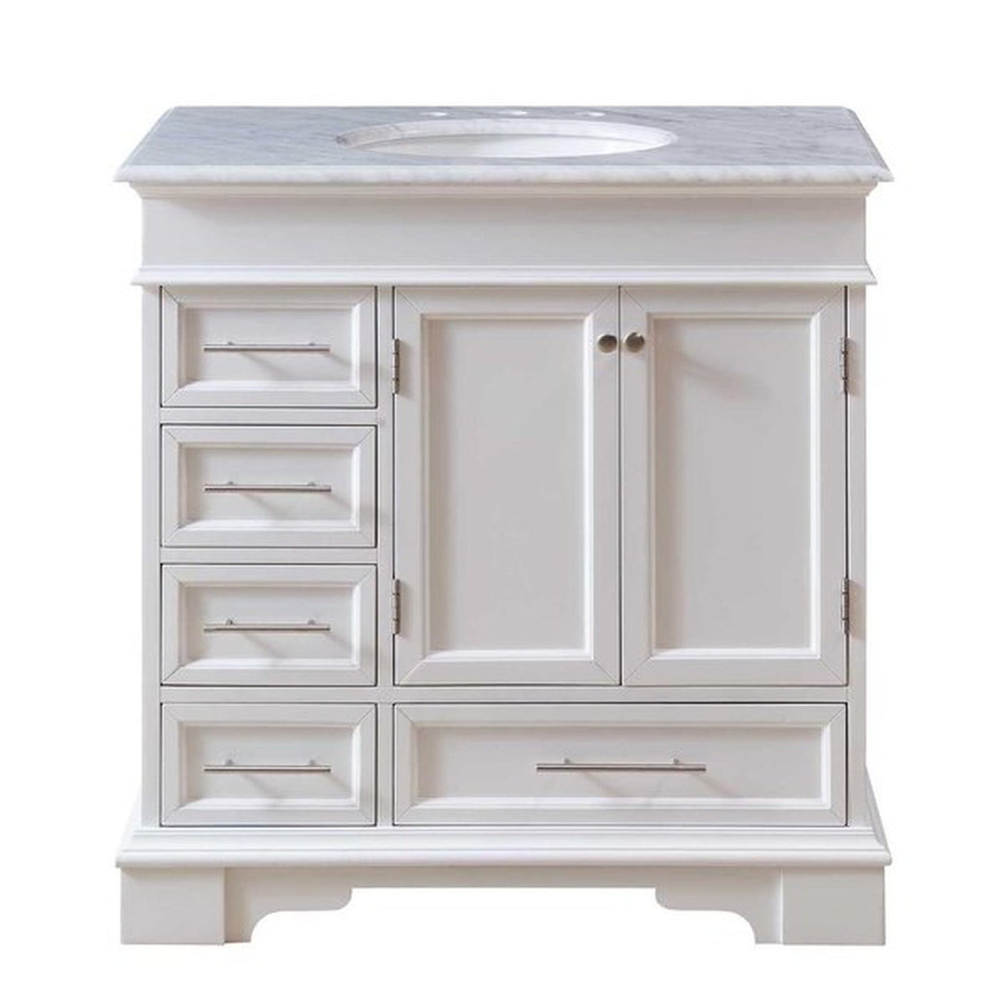 Silkroad Exclusive 36" Single Sink White Bathroom Vanity With Carrara White Marble Countertop and White Ceramic Undermount Sink - HYP-0212-WM-UWC-36