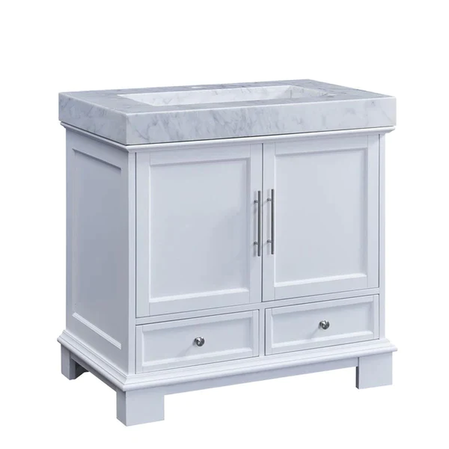 Silkroad Exclusive 36" Single Sink White Bathroom Vanity With White Carrara Marble Countertop and Marbled Integrated Ramp Sink - C05036WC_T0136WRC