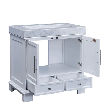 Silkroad Exclusive 36" Single Sink White Bathroom Vanity With White Carrara Marble Countertop and Marbled Integrated Ramp Sink - C05036WC_T0136WRC