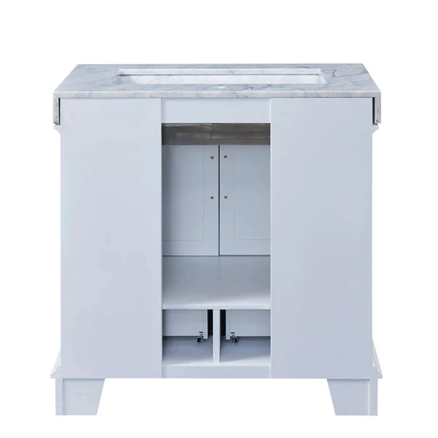 Silkroad Exclusive 36" Single Sink White Bathroom Vanity With White Carrara Marble Countertop and Marbled Integrated Ramp Sink - C05036WC_T0136WRC