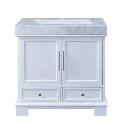 Silkroad Exclusive 36" Single Sink White Bathroom Vanity With White Carrara Marble Countertop and Marbled Integrated Ramp Sink - C05036WC_T0136WRC