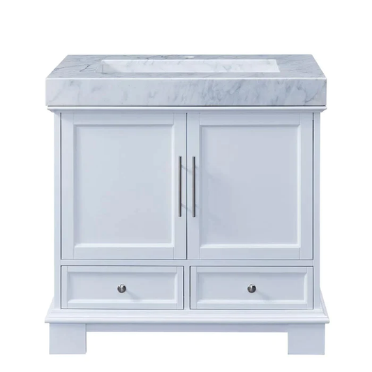 Silkroad Exclusive 36" Single Sink White Bathroom Vanity With White Carrara Marble Countertop and Marbled Integrated Ramp Sink - C05036WC_T0136WRC