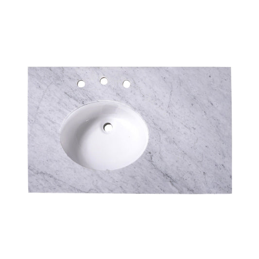 Silkroad Exclusive 36" x 22" White Carrara Marble Vanity Top With White Single Oval Underm - T36L03ount Left Sink and 4" Backsplash