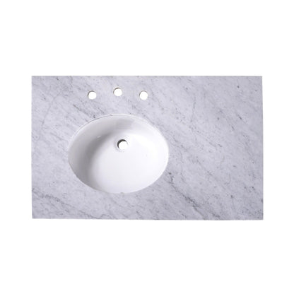 Silkroad Exclusive 36" x 22" White Carrara Marble Vanity Top With White Single Oval Underm - T36L03ount Left Sink and 4" Backsplash