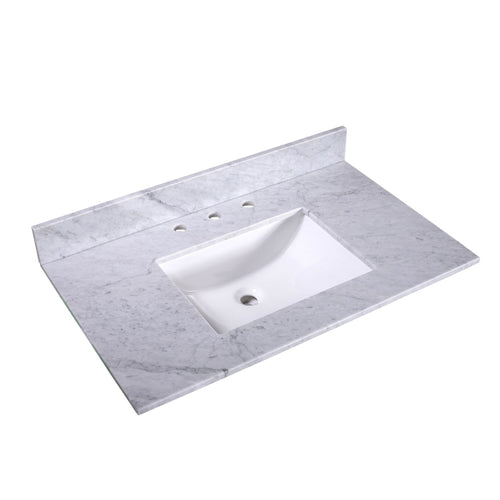 Silkroad Exclusive 36" x 22" White Carrara Marble Vanity Top With White Single Rectangular Undermount Sink and 4" Backsplash - T36C05