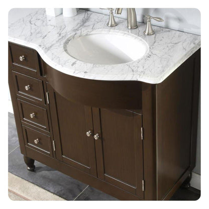 Silkroad Exclusive 38" Single Right Sink Dark Walnut Bathroom Vanity With Carrara White Marble Countertop and White Ceramic Undermount Sink - HYP-0902-WM-UWC-38-R