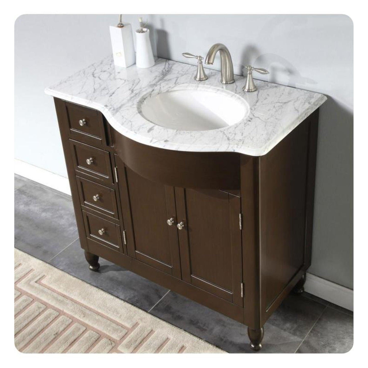 Silkroad Exclusive 38" Single Right Sink Dark Walnut Bathroom Vanity With Carrara White Marble Countertop and White Ceramic Undermount Sink - HYP-0902-WM-UWC-38-R