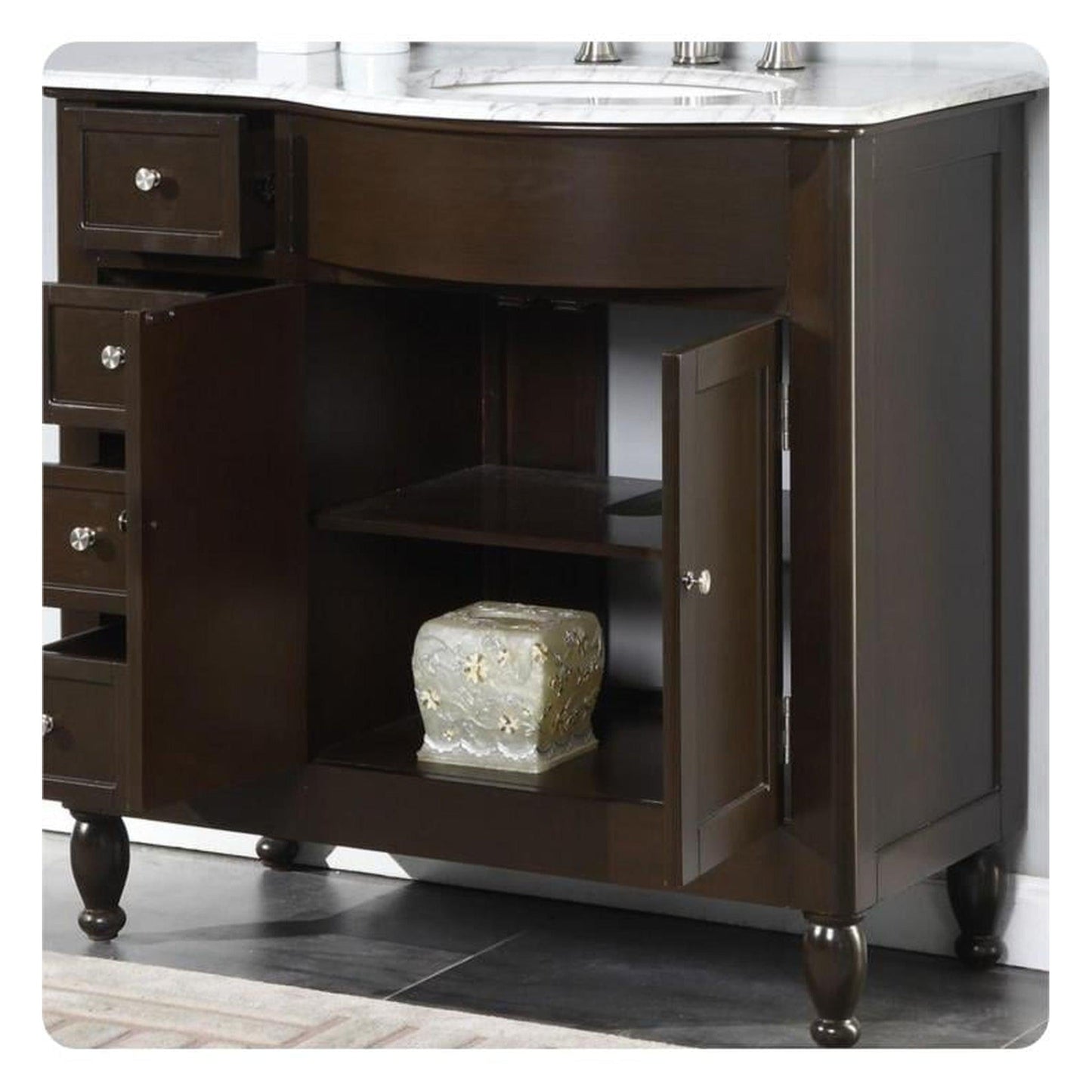 Silkroad Exclusive 38" Single Right Sink Dark Walnut Bathroom Vanity With Carrara White Marble Countertop and White Ceramic Undermount Sink - HYP-0902-WM-UWC-38-R
