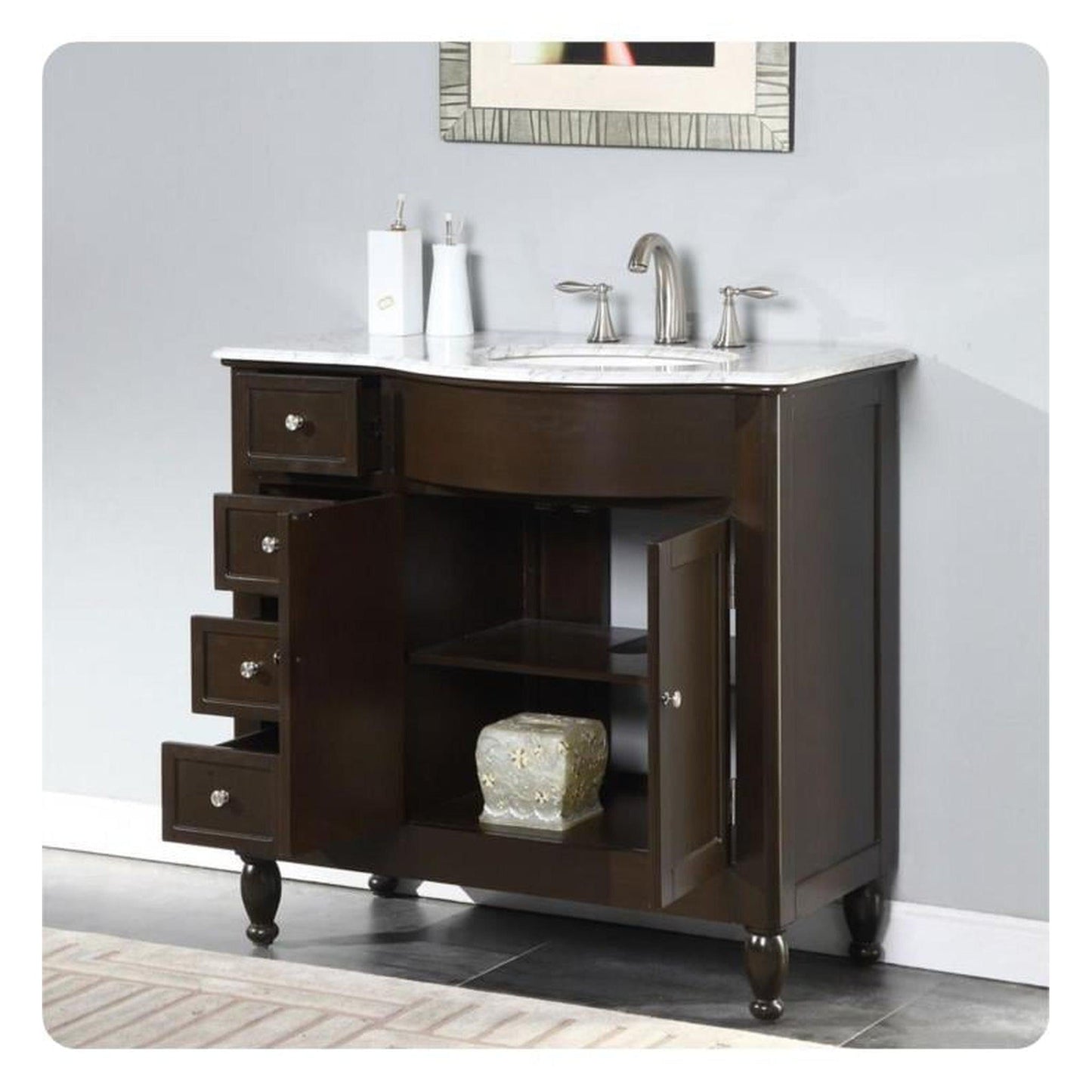 Silkroad Exclusive 38" Single Right Sink Dark Walnut Bathroom Vanity With Carrara White Marble Countertop and White Ceramic Undermount Sink - HYP-0902-WM-UWC-38-R