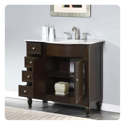 Silkroad Exclusive 38" Single Right Sink Dark Walnut Bathroom Vanity With Carrara White Marble Countertop and White Ceramic Undermount Sink - HYP-0902-WM-UWC-38-R