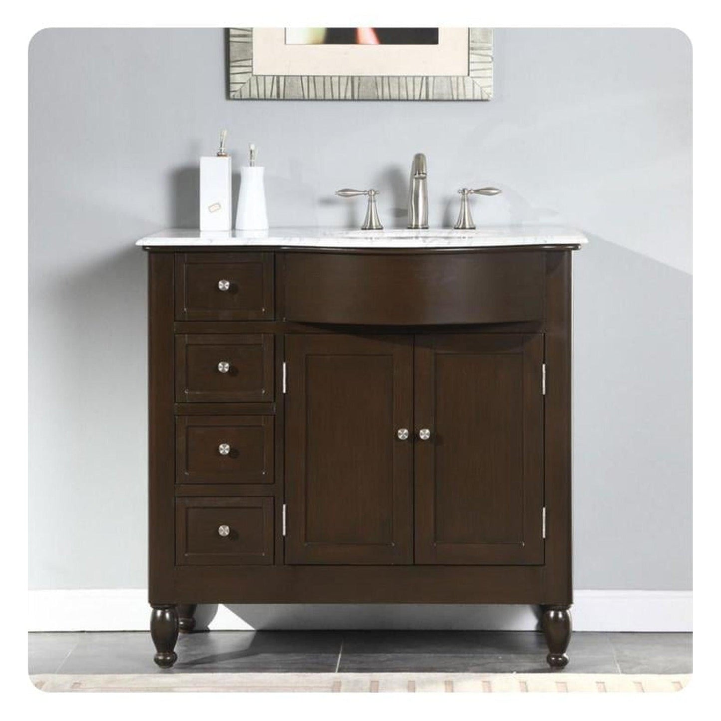 Silkroad Exclusive 38" Single Right Sink Dark Walnut Bathroom Vanity With Carrara White Marble Countertop and White Ceramic Undermount Sink - HYP-0902-WM-UWC-38-R