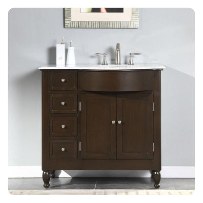 Silkroad Exclusive 38" Single Right Sink Dark Walnut Bathroom Vanity With Carrara White Marble Countertop and White Ceramic Undermount Sink - HYP-0902-WM-UWC-38-R