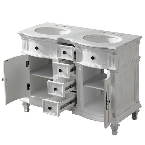 Silkroad Exclusive 48" Double Sink Antique White Bathroom Vanity With Carrara White Marble Countertop and White Ceramic Undermount Sink - V0722WW48D