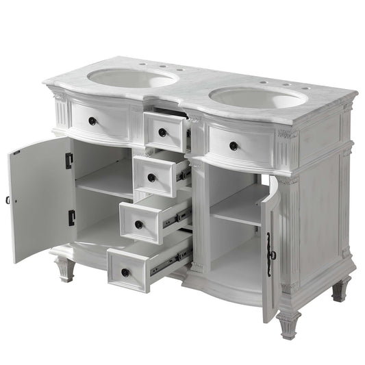 Silkroad Exclusive 48" Double Sink Antique White Bathroom Vanity With Carrara White Marble Countertop and White Ceramic Undermount Sink - V0722WW48D