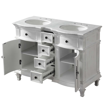 Silkroad Exclusive 48" Double Sink Antique White Bathroom Vanity With Carrara White Marble Countertop and White Ceramic Undermount Sink - V0722WW48D