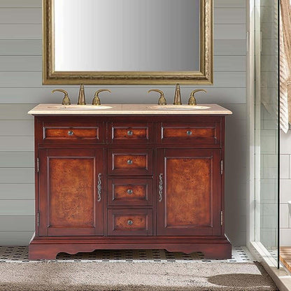 Silkroad Exclusive 48" Double Sink Red Chestnut Bathroom Vanity With Travertine Countertop and White Ceramic Undermount Sink - HYP-0716-T-UWC-48