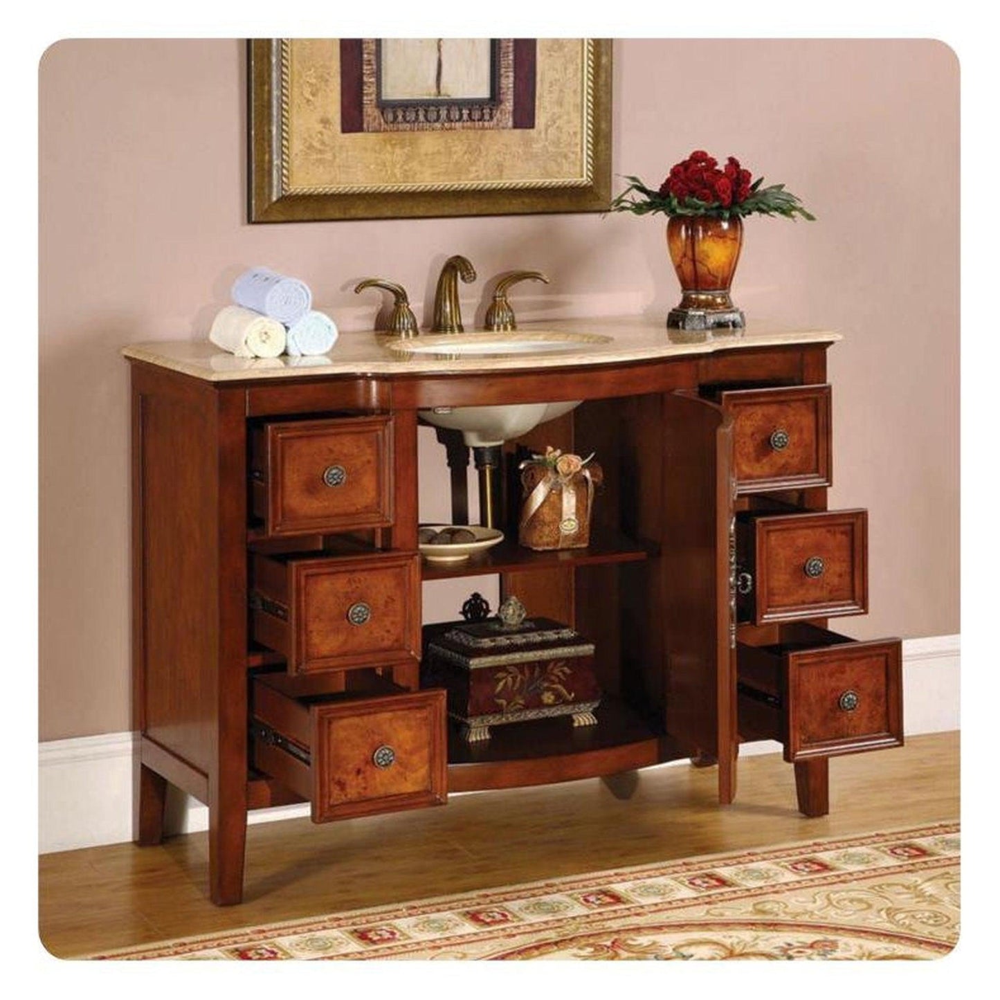 Silkroad Exclusive 48" Single Sink Red Oak Bathroom Vanity With Travertine Countertop and Ivory Ceramic Undermount Sink  - HYP-0701-T-UIC-48