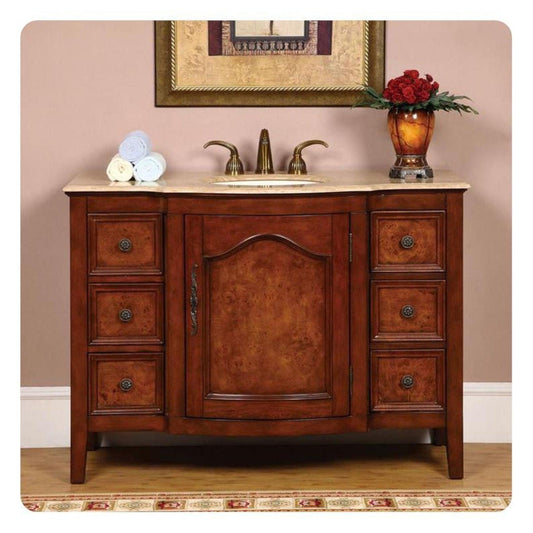 Silkroad Exclusive 48" Single Sink Red Oak Bathroom Vanity With Travertine Countertop and Ivory Ceramic Undermount Sink  - HYP-0701-T-UIC-48
