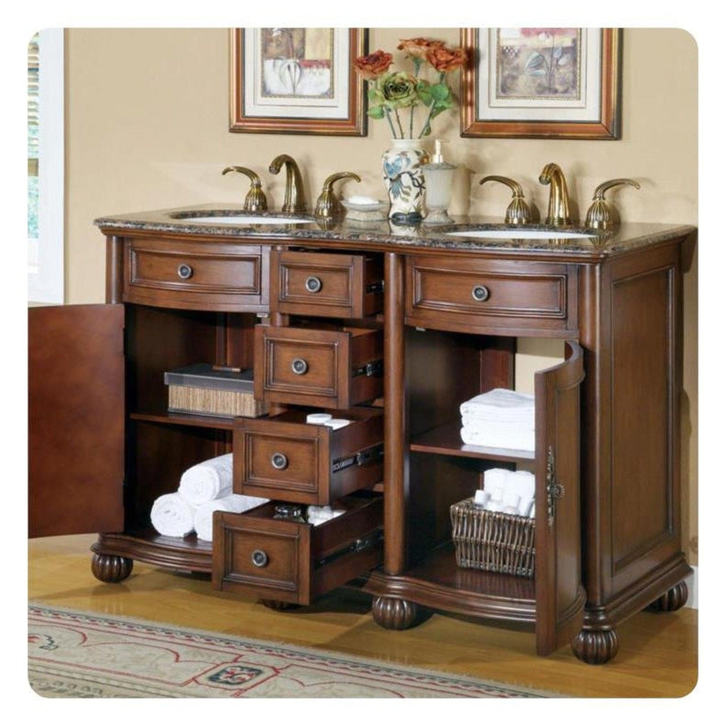 Silkroad Exclusive 52" Double Sink English Chestnut Bathroom Vanity With Baltic Brown Granite Countertop and Ivory Ceramic Undermount Sink - LTP-0180-BB-UIC-52