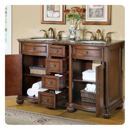 Silkroad Exclusive 52" Double Sink English Chestnut Bathroom Vanity With Baltic Brown Granite Countertop and Ivory Ceramic Undermount Sink - LTP-0180-BB-UIC-52