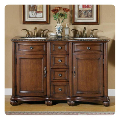 Silkroad Exclusive 52" Double Sink English Chestnut Bathroom Vanity With Baltic Brown Granite Countertop and Ivory Ceramic Undermount Sink - LTP-0180-BB-UIC-52