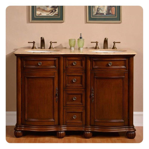 Silkroad Exclusive 52" Double Sink English Chestnut Bathroom Vanity With Travertine Countertop and White Ceramic Undermount Sink - LTR-0180-T-UWC-52