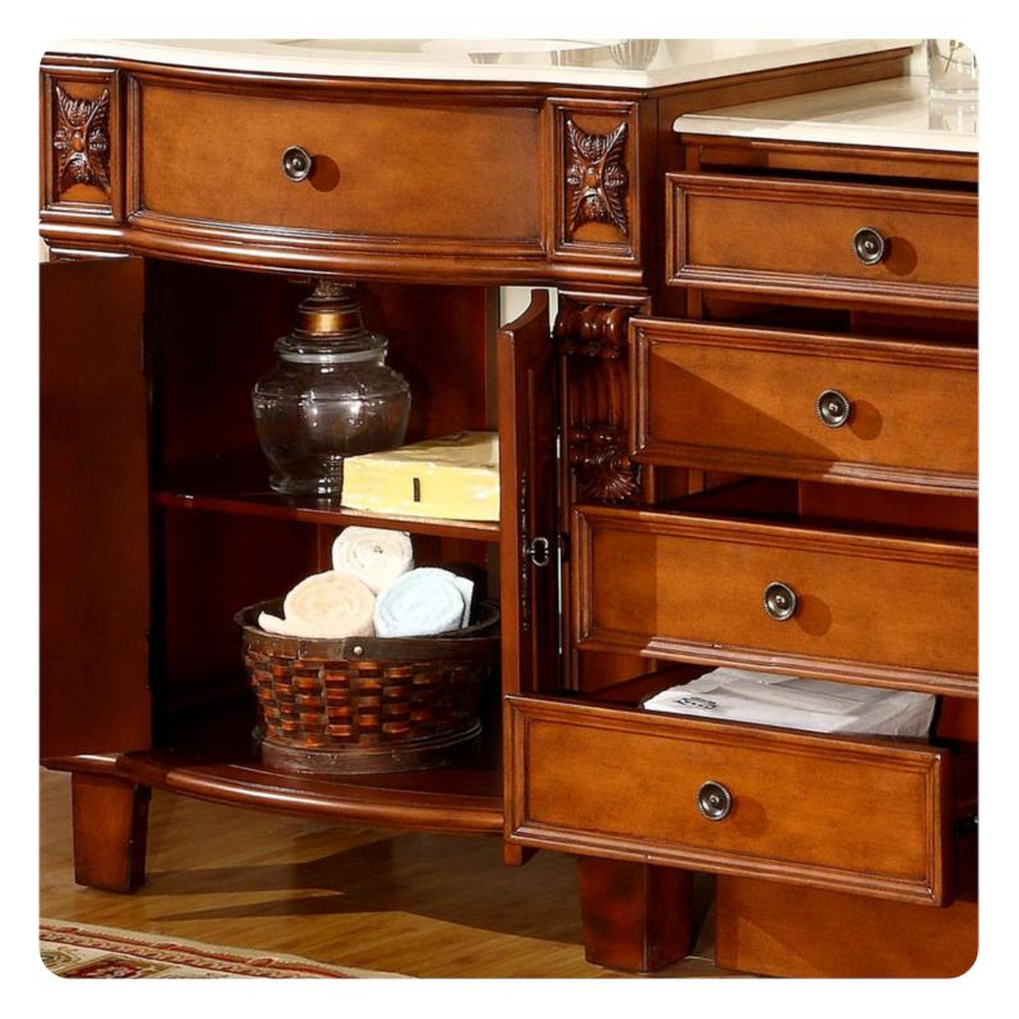 Silkroad Exclusive 53" Single Sink Cherry Modular Bathroom Vanity With Crema Marfil Marble Countertop, Ivory Ceramic Undermount Sink and Drawer Bank Cabinet - HYP-0204-CM-UIC-53